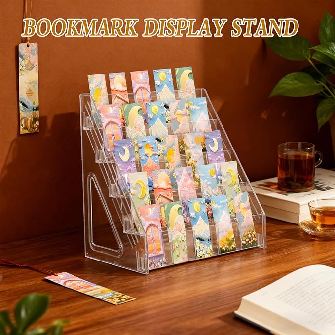 2 Pcs Acrylic Bookmark Display Stand, 5 Tier Clear Bookmark Riser with 25 Compartments for 2. 5'' Bookmarks, Portable Sticker Holder Greeting Card Display for Business Vendor Retail Store Shop