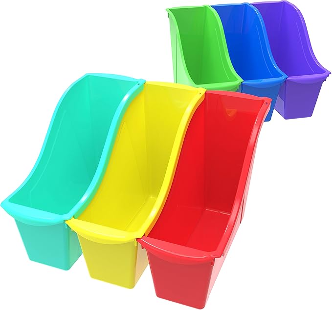 Storex Small Book Bin – Interlocking Plastic Organizer for Home, Office and Classroom, Assorted STEM, 6-Pack (70113A06C)