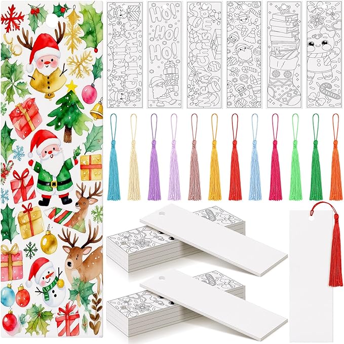 Sinmoe 120 Pcs Christmas DIY Color Your Own Bookmarks 6 Styles Watercolor Bookmarks to Paint Card Stock Paper Watercolor Colorful Tassels Craft for Classroom Projects Gifts Tags 5.9 x 2 Inch(Santa)