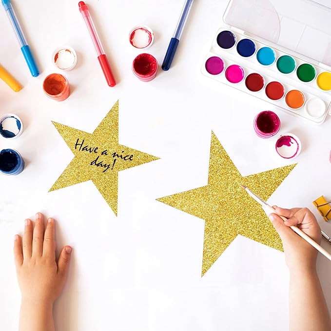 120 PCS Glitter Gold Five Star Cutouts Paper Star Cutouts Gold Star Cutouts for Bulletin Board Stars Classroom Wall Party Decoration Supply 3 Sizes 3.1inch 4.7inch 6.2inch