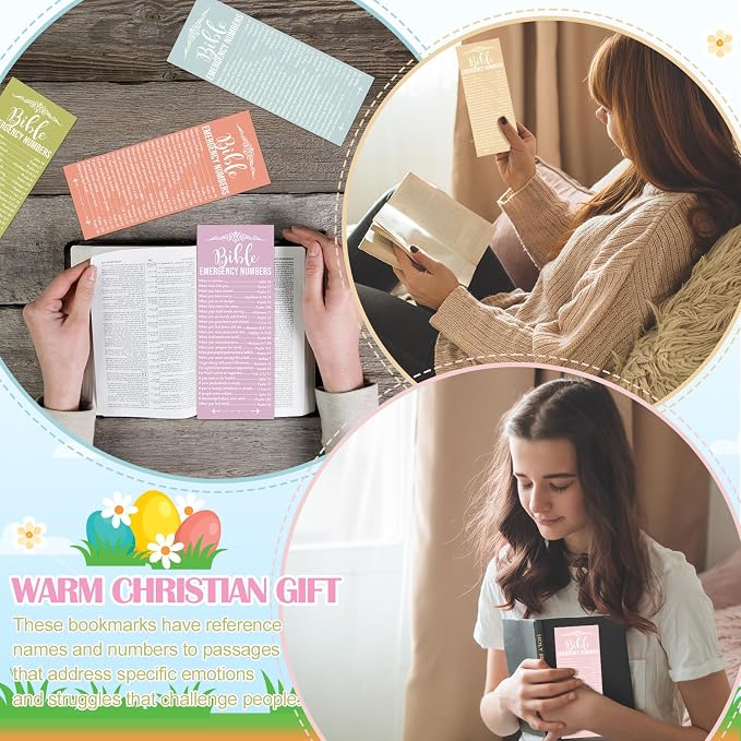 Motiskyy 100 Pcs Christian Bible Verse Emergency Numbers Bookmark Religious Church Gift 2.36 x 6'' Catholic Books of The Bible Card for Women Men Retreat Sunday School(Pastel Color)