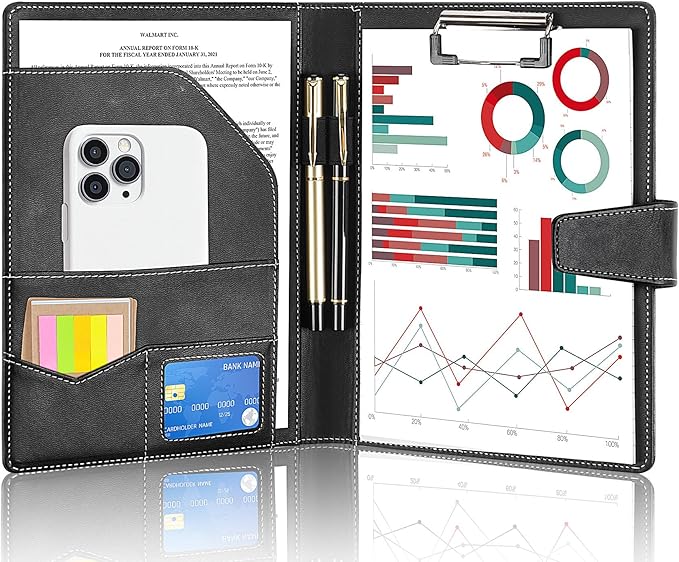 Padfolio Notepad Holder with Clipboard,A5 Faux Leather Padfolio Folder for Interview Resume,Magnetic Closure Legal Pad Folder with Business Holder,2 Pens & 5x8 Writing Pad for Office,Black