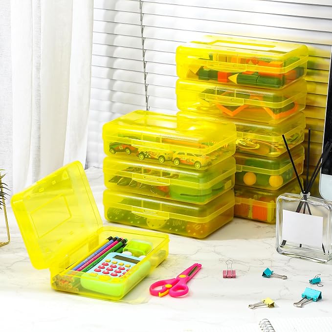 Leelosp 12 Pack Clear Pencil Boxes for School Bulk, Large Plastic Pencil Case with Lid, Stackable Hard Crayon Storage Box for Classroom Kids, Desk Drawer Organizer for Office Home(Yellow)