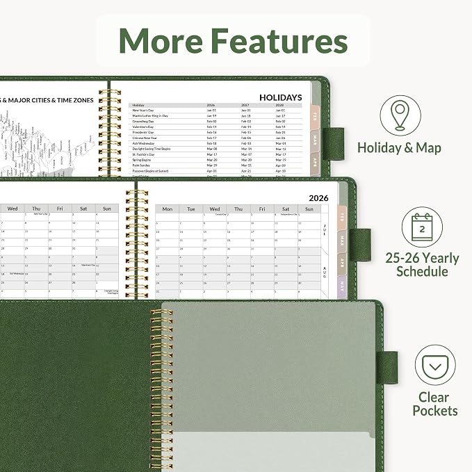 SUNEE 2026 Weekly & Monthly Planner 9"x11.2"- 12 Month (January 2026 - December 2026), Vegan Leather Cover, Pocket, Bookmark, Notes, Monthly Tab, Deep Green