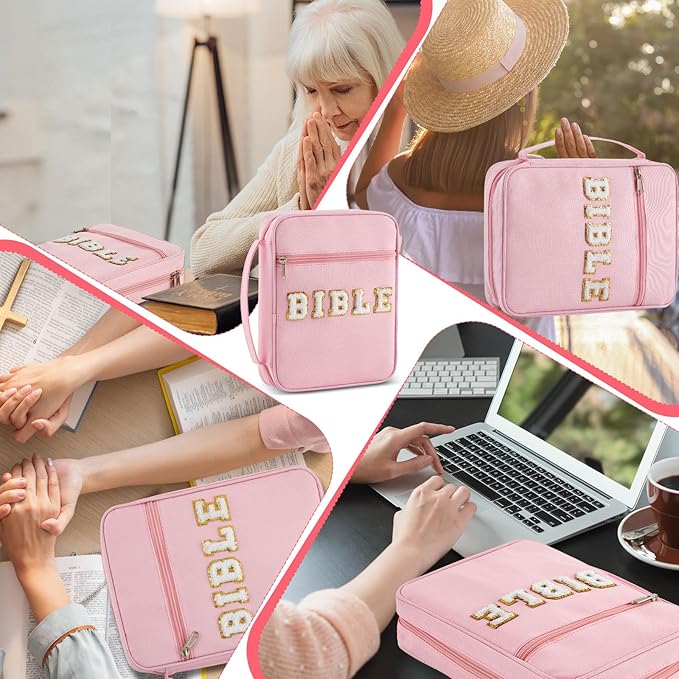 Sinload 24 Pcs Bible Cover Case for Women, Bible Study Supplies, Large Chenille Letter Pink Carrying Tote Bag with Handle Easter Christian Gifts Party Favor