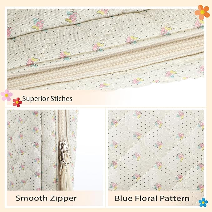 Aliceset Large Bible Cover Case for Women, Beige Floral Quilted Cotton Bible Carrying Case Organizer Bag with Handle and Zipper, for Christian Easter Gifts, Study Supplies Accessories