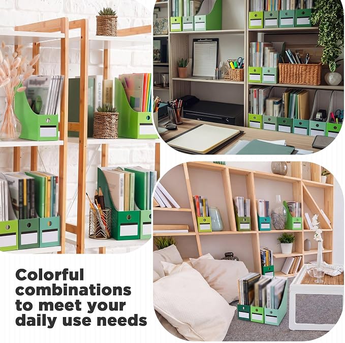 Jutom 48 Sets Magazine File Holders Foldable Cardboard Magazine Holder with White Label Stickers Desktop File Storage Box for Office Home Classroom Desk Document Organization(Green)