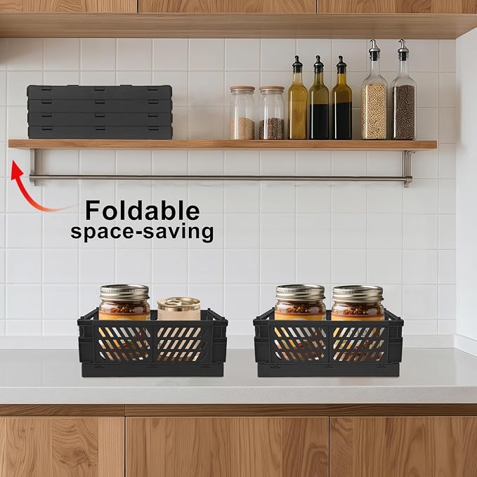 2 Pack Mini Foldable Small Plastic Baskets for Organizing and Storage，Collapsible Storage Crates,Mini Bins for Home Kitchen Bedroom Bathroom Office (Black, Large 10x6.5x4)