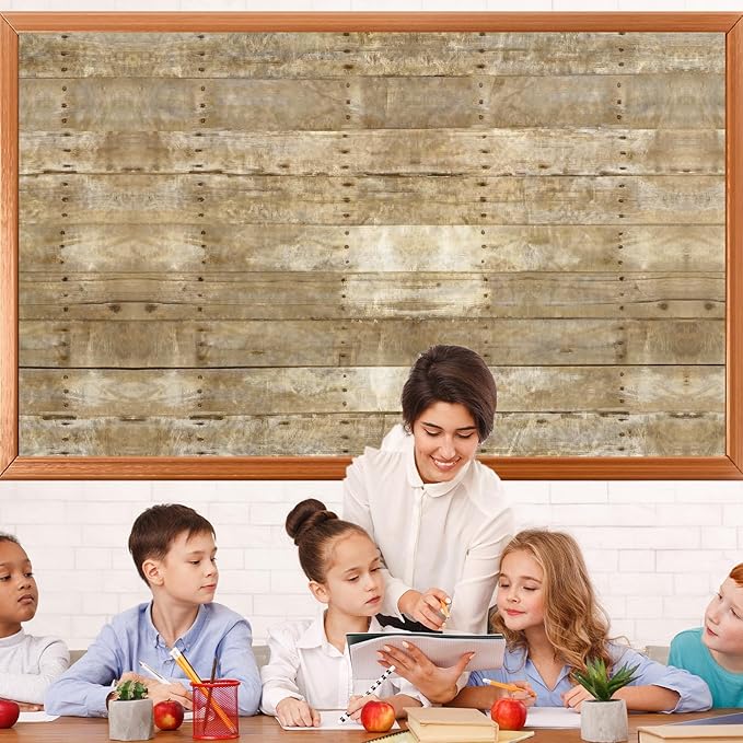 59×35In Fabric Bulletin Board Decoration for Classroom Wood Grain Linen Bulletin Board Decor with 30 Double Sided Adhesive Brown Wood Boards Rustic Background Art Craft for School Education Supplies