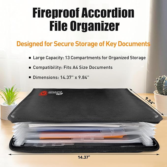 Fireproof Accordion File Organizer,Important Document Organizer,end of Life Planner Organizer Binder，Expanding Portable fire Proof Document Bag，Waterproof Folio Holder File folders for A4 Paper