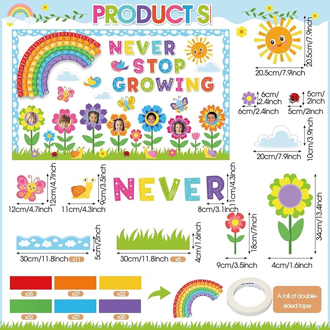 Pasimy Spring Bulletin Board Decorations Set 3D Sunflower Bulletin Board Bee Classroom Decor Honeycomb Butterfly Flower Kindness Cutouts Borders for Home Office Wall Door Window Supplies(Rainbow)