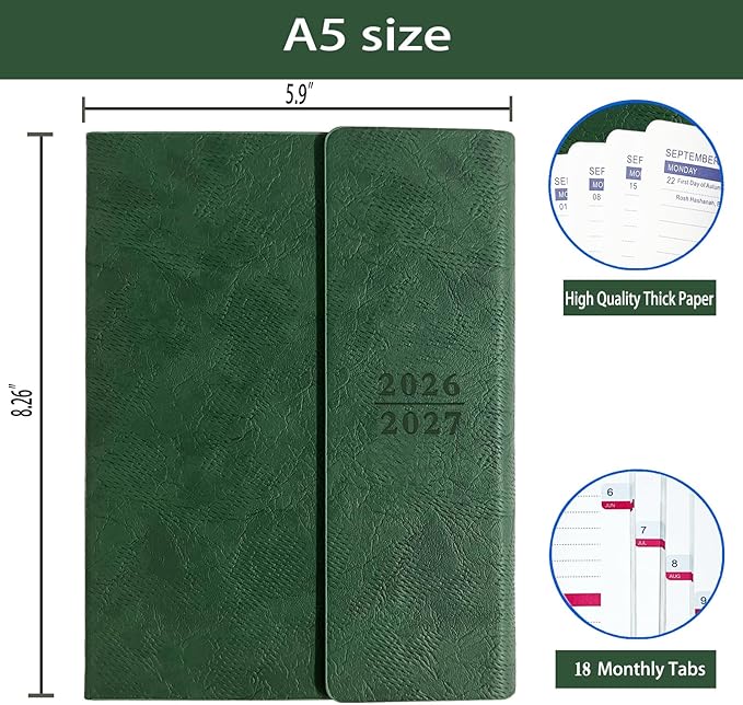 Planner 2026-2027, Weekly Monthly Academic Calendar for Jul 2026 - Dec 2027 [18 Month Agenda], 8.26" x 5.9" Faux Leather Cover + Thick Paper (26-27 Green)
