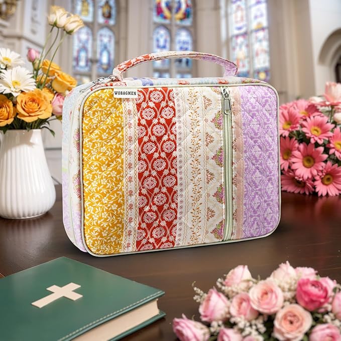 WOBAGMEN Bible Cover Case for Women,Large Bible Tote Bags Organizer Quilted Carrying Case for Girls,Bible Study Supplies Accessories Christian Gifts for Women (Yellow Floral, M)