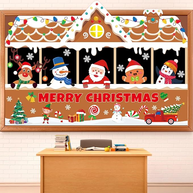 Christmas Gingerbread Bulletin Board Decorations Merry Christmas Bulletin Board Sets Large Gingerbread House Classroom Decorations Winter Xmas Tree Elk Snowflake Cutouts for Xmas Party Supplies