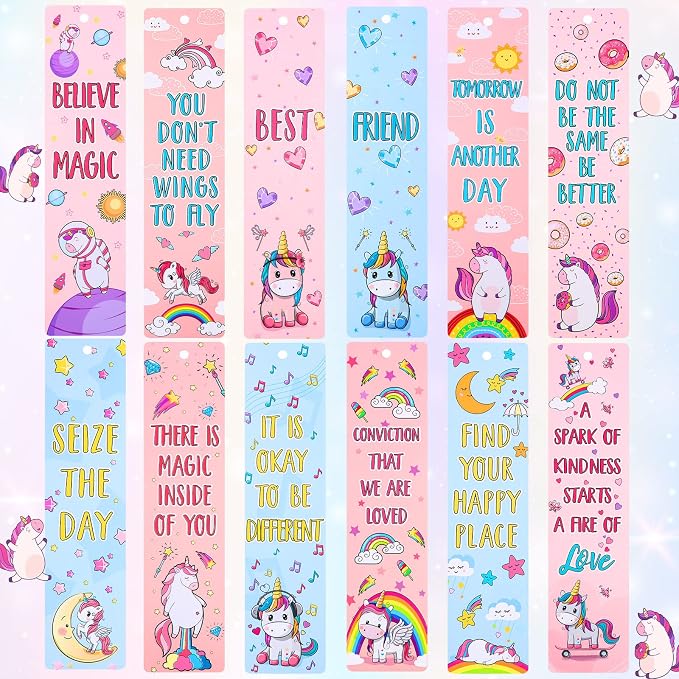 Outus 12 Pieces Unicorn and Rainbow Theme Bookmarks with 12 Pieces Metal Charms Inspirational Quotes Book Marks Unicorn Page Markers for Reading Teens and Adults