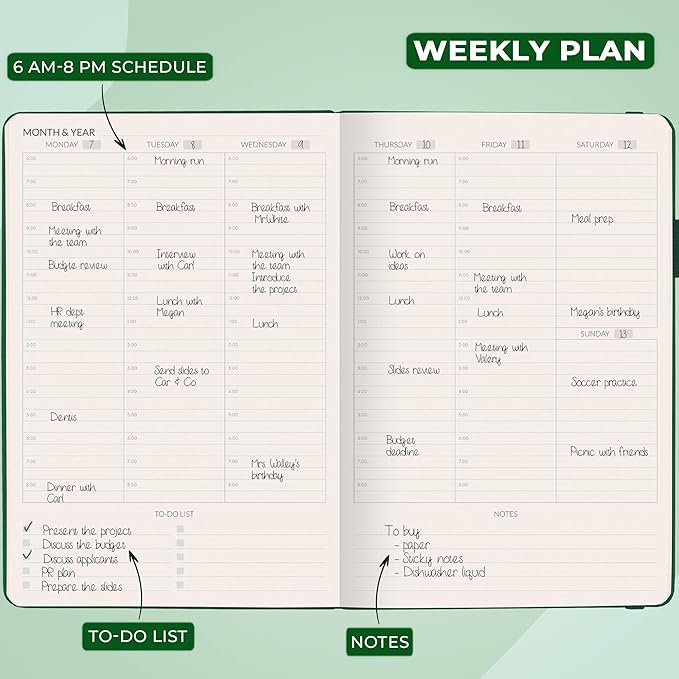 Skyline Hourly Weekly Planner – Undated Agenda & Daily Appointment Book – Time Blocking Notebook for Business Entrepreneurs, A5 (Forest Green)