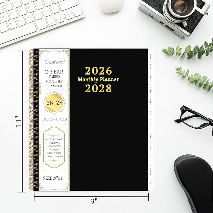 2026-2028 Monthly Planner, 2 Year Monthly Planner/Calendar 2026-208, Jul 2026 – Jun 2028, 9" x 11", Tabs, Double-Side Pocket, Holidays, Thick Paper - Black