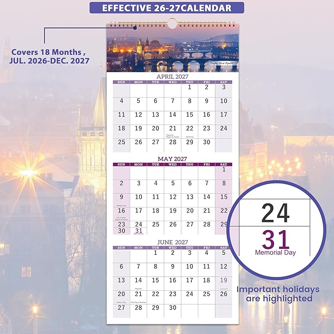 2026-2027 Calendar - May. 2026 - Jun. 2027, 3 Month Calendar Vertical Display, Wall Calendar 2026-2027, 11" x 26"(when opened)