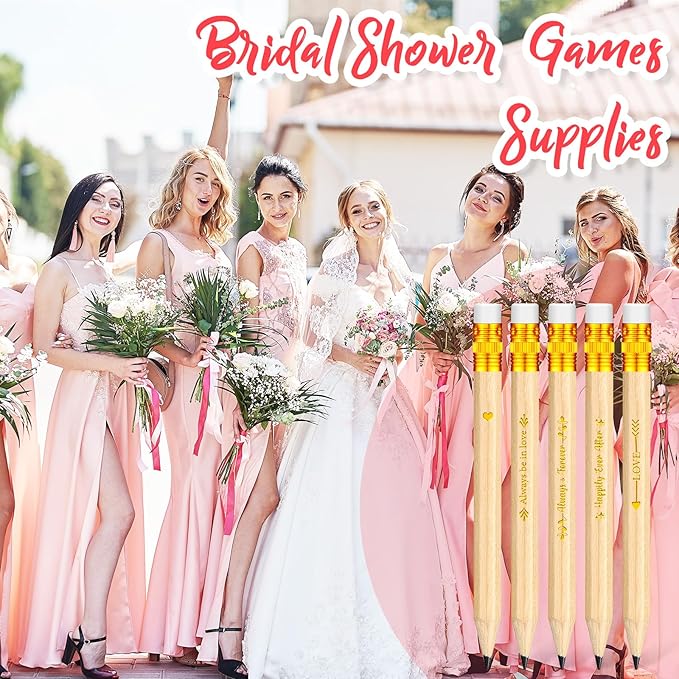 Crtiin 50 Pcs Bridal Shower Pencils Half Golf Wedding Pencils with Eraser 4 Inch Short Pocket Pre Sharpened for Wedding Game Bridal Shower Presents Classroom School(Wood Color)