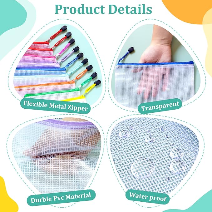 12pcs Mesh Zipper Pouch Bags Small, 8.2x4.6 Inches Zipper Pencil Bags, 12 Colors Pencil Pouch Bulk, Reusable Pencil Bags for Office Supplies and Travel Storage