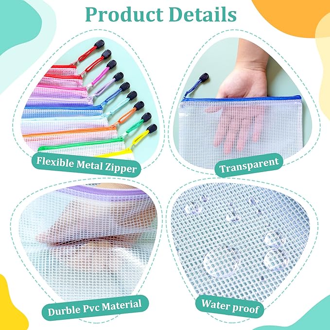10pcs Mesh Zipper Pouch Bags, 10 Sizes Zipper Bags for Organizing, Mesh Bags with Zipper, 10 Colors Plastic Zipper Pouches, Puzzle Bags, Board Game Storage Bags, Travel Pouch