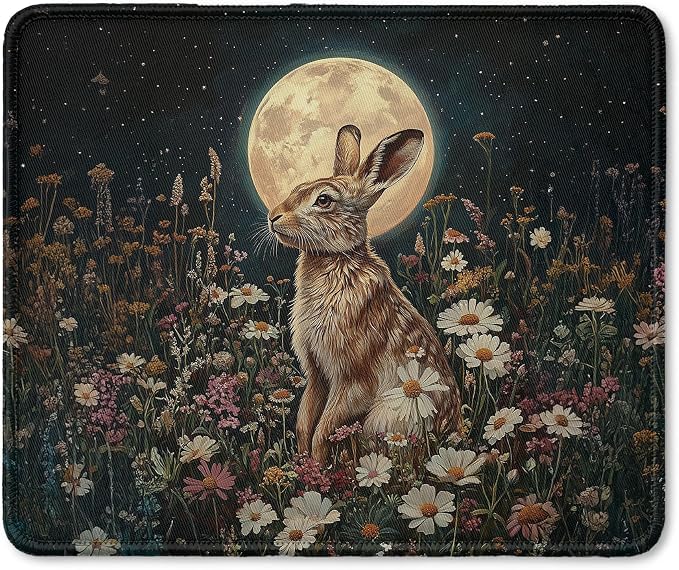 Vintage Floral Easter Bunny Full Moon Mouse Pad, Mystical Dark Cottagecore Wildflower Botanical Hare Mouse Pad for Home Office Computer Gaming Desk Accessories, 9.5x7.9 Inch