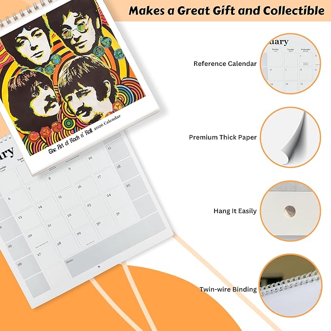 The Art of Rock & Roll- 2026 Wall Calendar 12”x12”- Legends of Rock History Depicted on Concert Ads, Album Covers-FSC Certified Cardstock Paper-Monthly Organizer for Home, School and Office