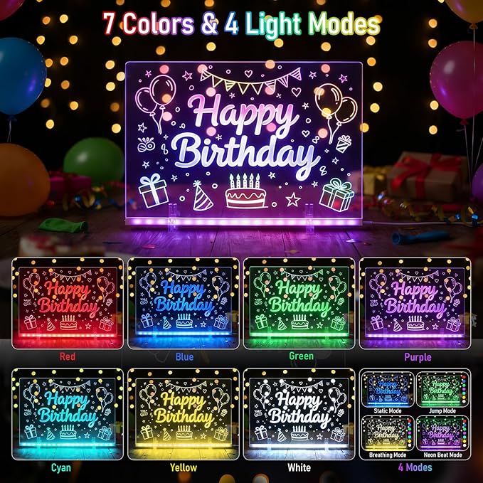 Katze-Tatze 2 Pack LED Note Board with 7 Colors,13.8"x9.8" Acrylic Dry Erase Board 4 Modes Neon Glow Memo Light-Up Message Note Lumiboard with 28 Markers for Home, Office, Festival, Birthday Gift
