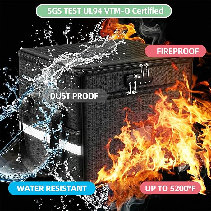 novelinks File Box with Lock, Fireproof Document Box for Home Office,Collapsible Storage Box with Mesh Pockets & Zipper & Handle, Cabinet for Hanging Letter/Legal Folder,Black (Double-layer)