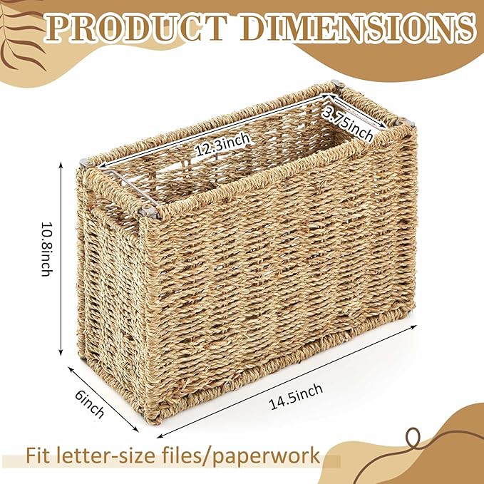 Teenyyou 1 Pack Seagrass Hanging File Box 14.5 x 6 x 10.8 Inch Decorative File Basket Woven Document Organizer with Handle Collapsible Letter Size Filing for Office Home Storage Decor