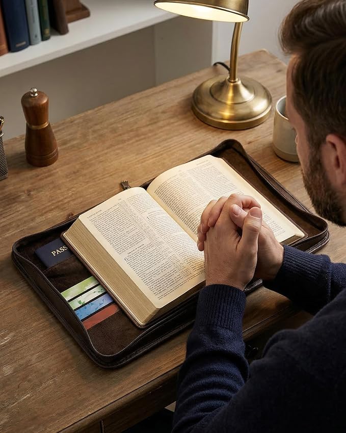 Large Bible Cover Case with Shoulder Strap Plush Velvet Lining Vegan Leather Bible Bag with Handle for Men Women Christian Gift Brown