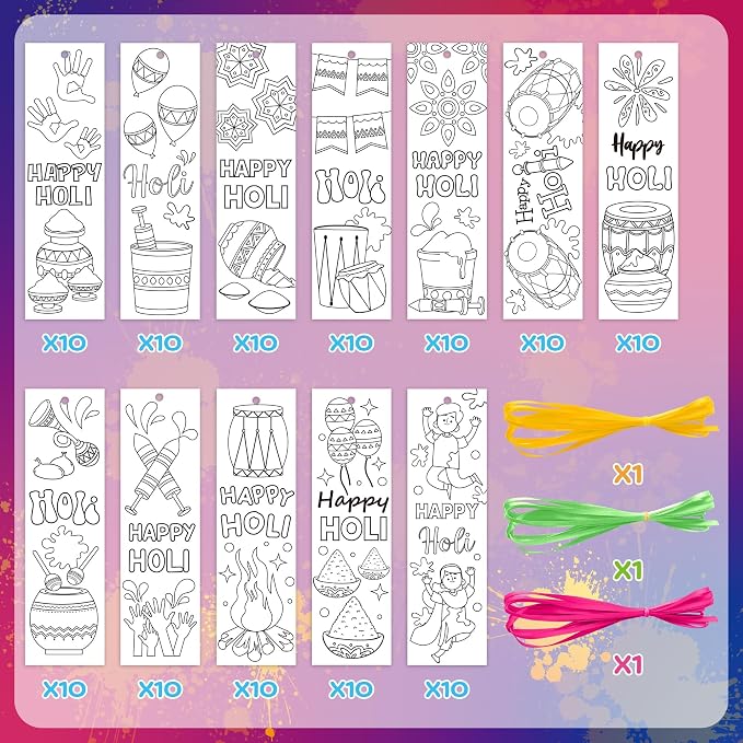 ANGOLIO Holi Coloring Your Own Bookmarks - 123Pcs Happy Holi Coloring Bookmarks DIY Blank Reading Page Holder for Indian Festival Holiday, Religious Students Rewards Party Goodie Fillers Supplies