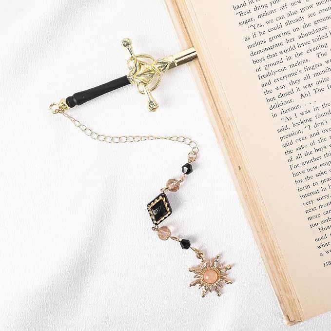 Fantasy Celestial Sword Bookmark - Funny Tarot Metal Book Marks for Women Men Students Teachers Reader Page Mark with Crystal Beads Sun CharmReading Lovers Birthday Gifts School Accessories