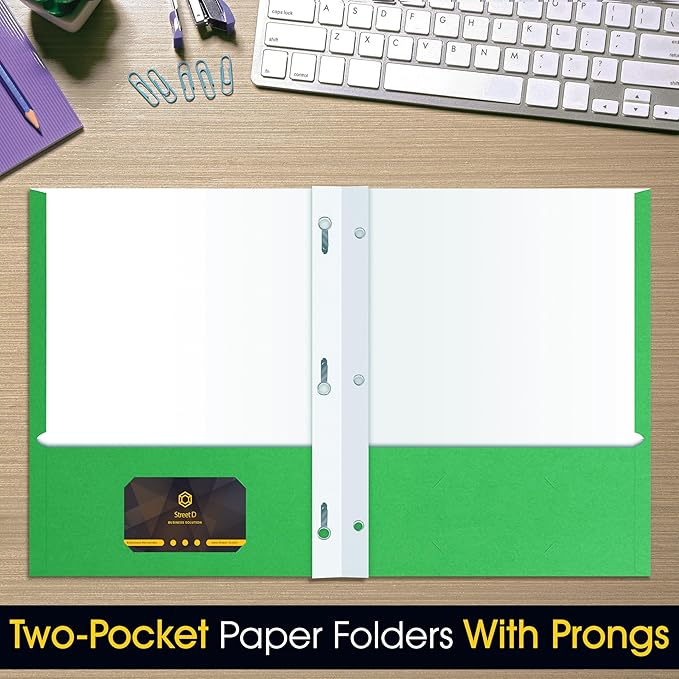 2 Pocket Portfolio Folders with Prongs (Metal Fastener Clips), 25 Pack, Cool Trendy Colors, Fits Letter Size Paper, for School, Office, Home, Matte Finish (Neon Green)