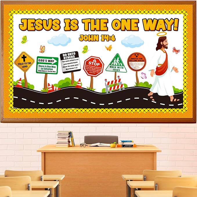 Road Trip VBS Bulletin Board Decoration Set, Christian Construction Sunday School Decorations for Classroom Religious Jesus Road Signs Cutouts Library Church Wall Window Door Decor for Teacher