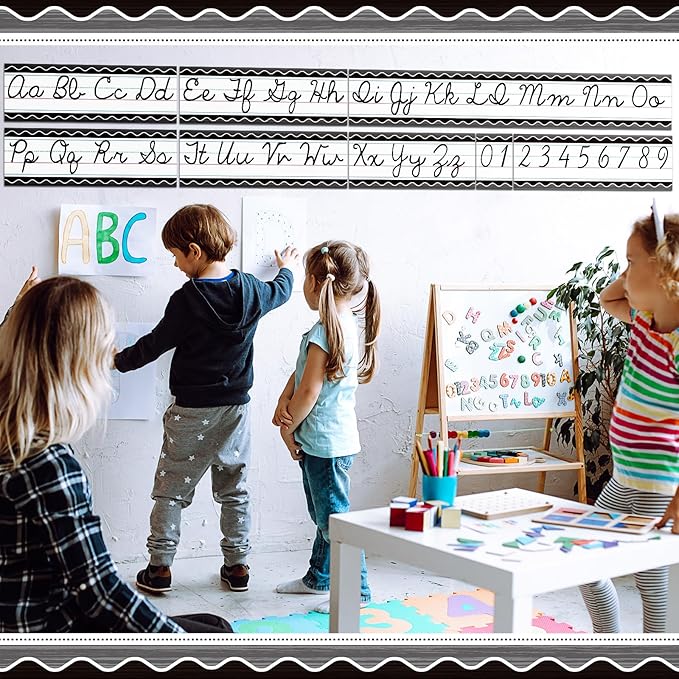Set of 9 Cursive Writing Bulletin Board Cursive Alphabet Wall Strip for Teacher Supplies, Classroom Teaching Tool, Homeschooling, Kids Education(Rustic)