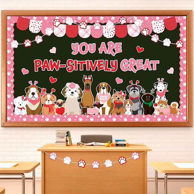 JarThenaAMCS 73Pcs Valentine's Day Pet Dog Bulletin Board Decoration Set Cute Puppy Heart Theme Cutouts for Classroom Wall Decor Wedding Anniversary Supplies