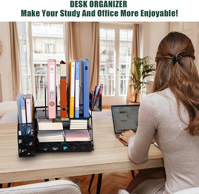Desk Organizers and Accessories with File Holder, 4-Tier Mesh Paper Letter Tray Organizer with Drawer, 2 Pen Holders and 4 File Sorters, Desktop Organizer for Office Supplies