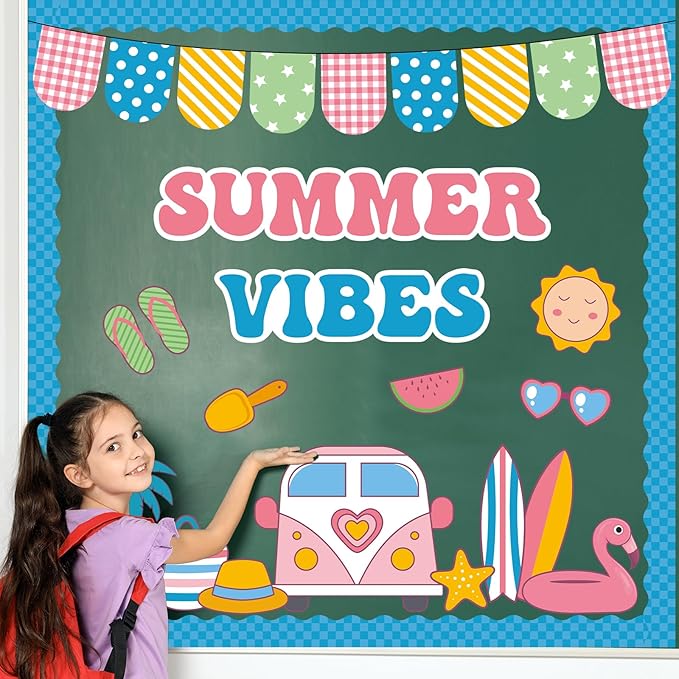 QOUBAI Hello Summer Bulletin Board Set Beach Theme Classroom Bulletin Board Decorations Surfing Tropical Palm Cutouts for Back to School Bus Teacher Supplies Nursery Home Chalkboard Wall Door Decor