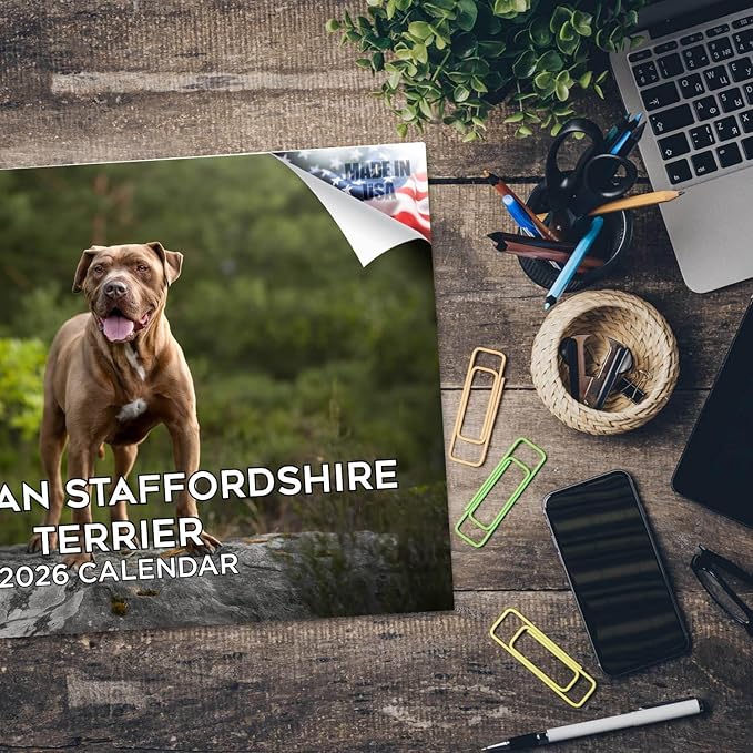 2025 2026 American Staffordshire Terrier Calendar - Dog Breed Monthly Wall Calendar - 12" x 18" Open - Thick No-Bleed Paper - Giftable - Academic Teacher's Planner Calendar Organizing & Planning - Made in USA