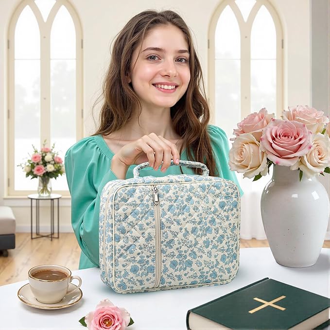 WOBAGMEN Bible Cover Case for Women,Large Bible Tote Bags Organizer Quilted Carrying Case for Girls,Bible Study Supplies Accessories Christian Gifts for Women (Blue Floral, L)