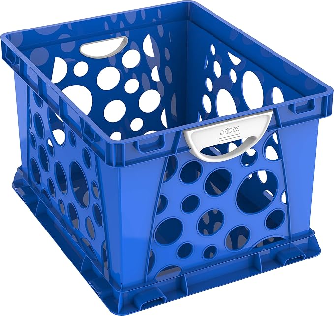 Storex Premium File Crate with Molded Handles – Letter and Legal Document and Folder Storage, Blue/White, 3-Pack (61767A03C)