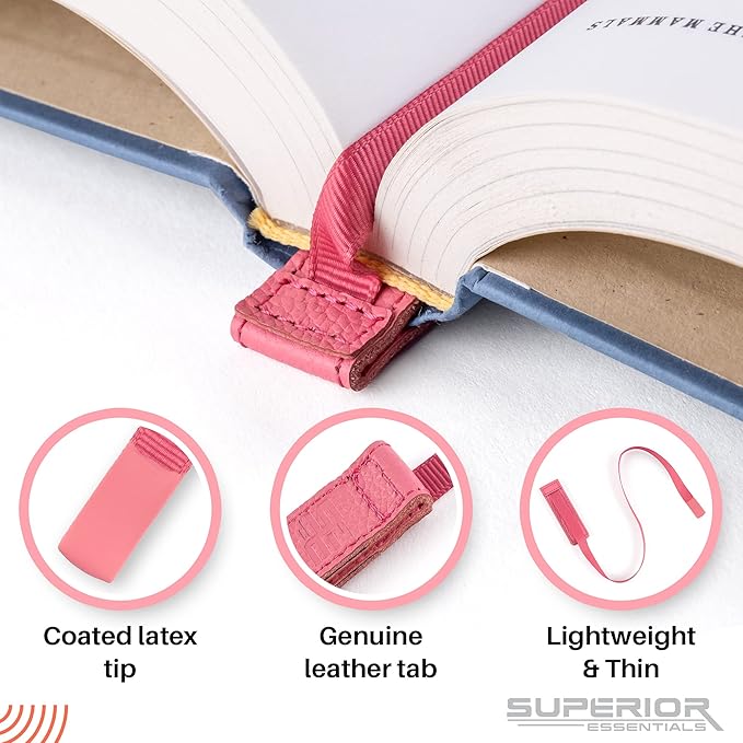 Superior Essentials Planner Magnetic Bookmark - Genuine Leather, Single Long Ribbon Bible Bookmark for Book Lovers - Amplify Your Love for Books with Our Elegant Ribbon Page Marker (3PC, Pink)