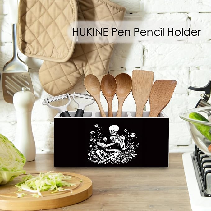 Gothic Skeleton Bookish Pen Holder for Desk Decoration, Witchy Gothic Skull Reading Book Wooden Box Sign Pencil Holder Organizer for Home Office Desk Accessories, Book Lover Gifts