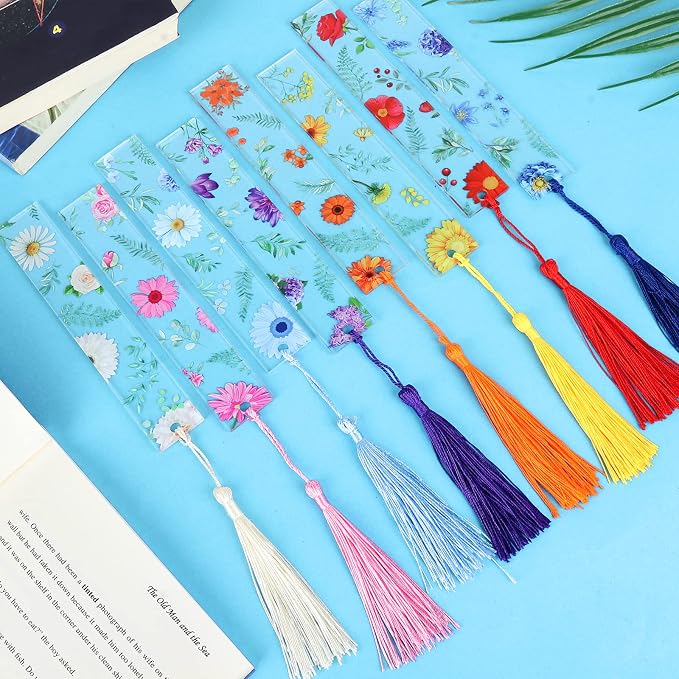 8 Pieces Flower Acrylic Bookmarks with Colorful Tassels Floral Transparent Acrylic Bookmarks Book Page Marker for Women, Teacher, Student, Kids, Book Lovers Reader, Writer, Student
