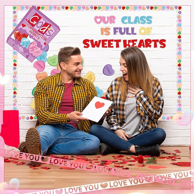 Pasimy Christian Valentine Bulletin Board Decorations God's Conversation Hearts Valentine's Day Classroom Decor 3D Heart Honeycomb Cutouts Sweet Borders for Church Office Wall Window Party Supplies