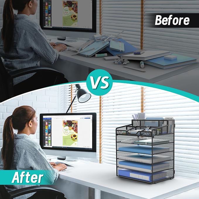 6 Tier Mesh Desk Organizer,Multi Functional Letter Paper Tray with 3 Pen Holders and 5 Adjustable Storage Compartments for Office Supplies Files and Mail Space Saving Desktop Organizer-Black