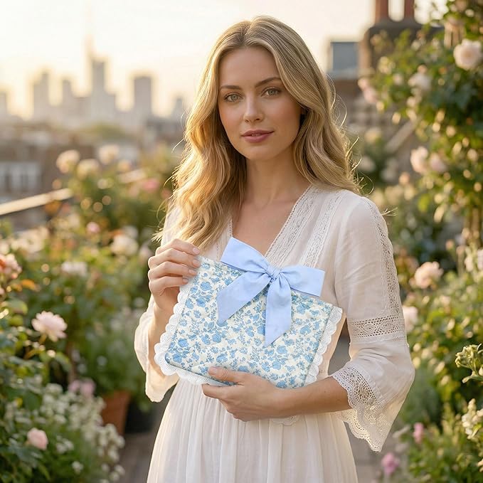 Vintage Blue Floral Quilted Bible Cover for Women – Fits Standard Size Bible Book Padded Protector Washable Cotton Bag with Elegant Lace Trim & Bow Handle – Includes Interior Zipper Pocket