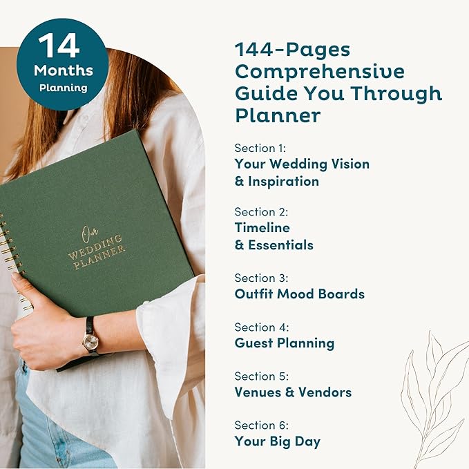 Timeless Premium Linen Wedding Planner Book and Organizer – Wedding Planning Book, Comprehensive Keepsake & Countdown Binder, Perfect Engagement Gift for Women, 11" x 9" (Forest)
