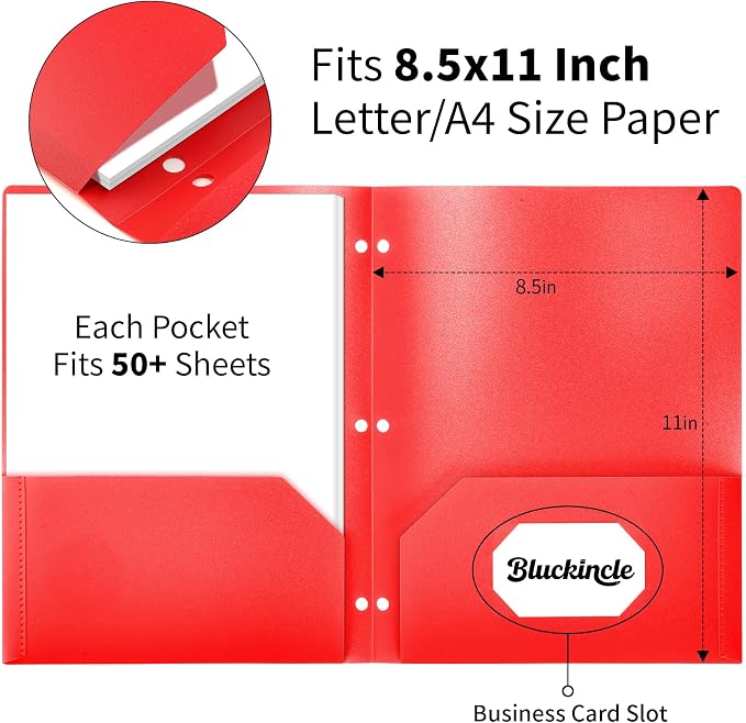 Plastic Folders with Pockets 3 Hole Punched, Pocket Folders for 3 Ring Binder, 6 Pack Colored File Folder for School, Office, Documents, Filing Cabinet, 2 Pocket Blinder Folder with Holes